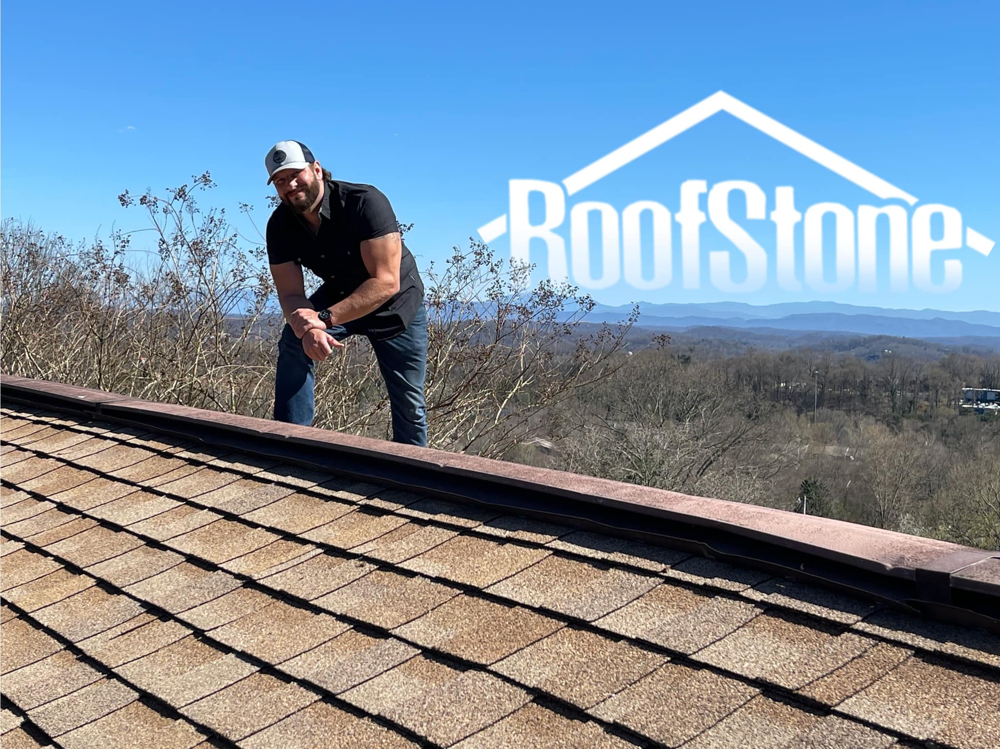 Roofstone employee with roofstone logo in the sky